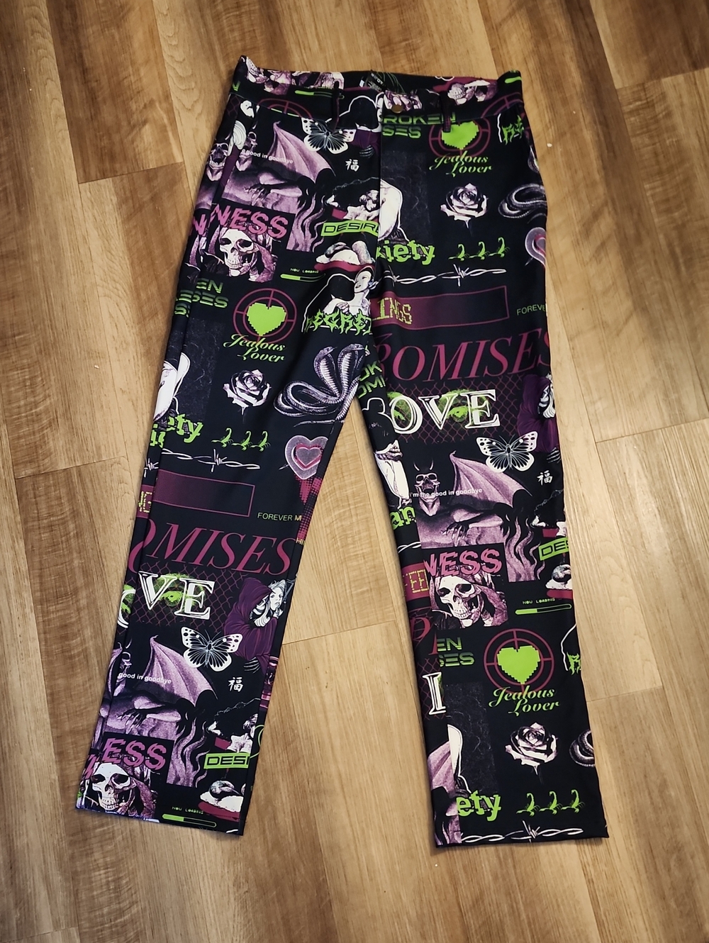 Broken Promises Black Allover Graphic Straight Leg Pants Emo Grunge Y2K
